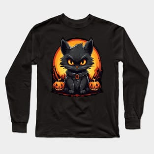 Funny Angry Cat Skeleton Halloween Pumpkin Long Sleeve T-Shirt